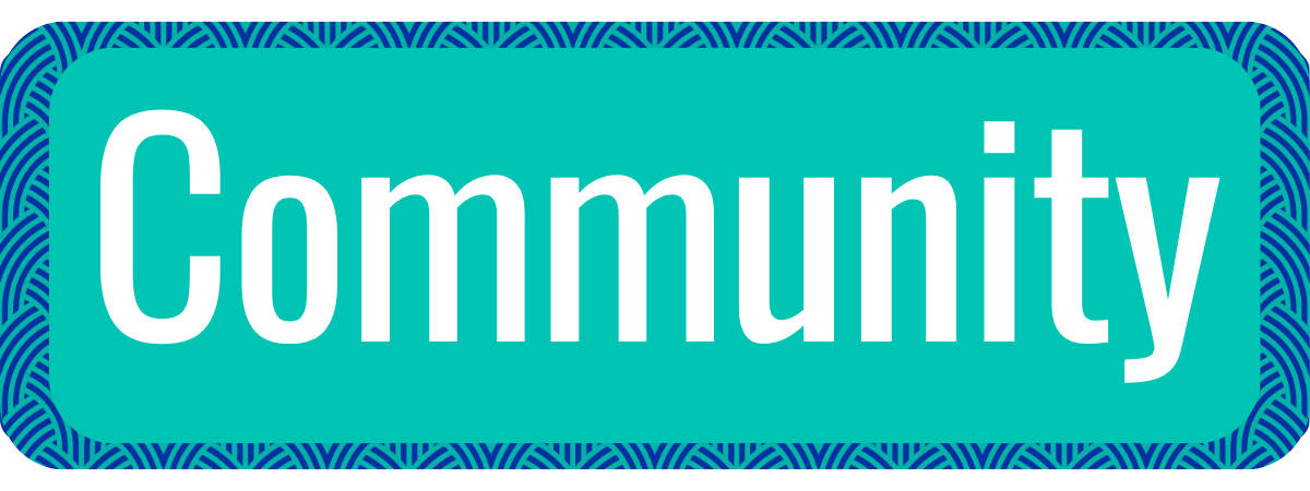 "Community" written in white over a teal rounded rectangle, leading to Kaufman's Community Programming page